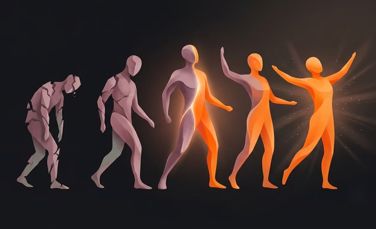 Illustration of five figures moving from a hunched, cracked figure on the left to an upright, glowing figure with open arms on the right, showing recovery