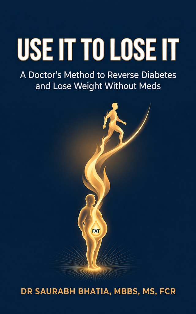 Cover of the book Use It to Lose It by Dr. Saurabh Bhatia, MBBS, MS, FCR, showing a glowing figure walking up from a heavier silhouette on a deep blue background