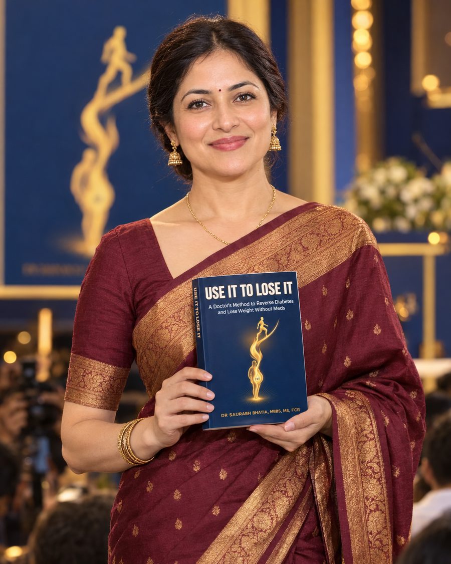 A woman in a maroon and gold saree holding a copy of the book Use It to Lose It at a book launch